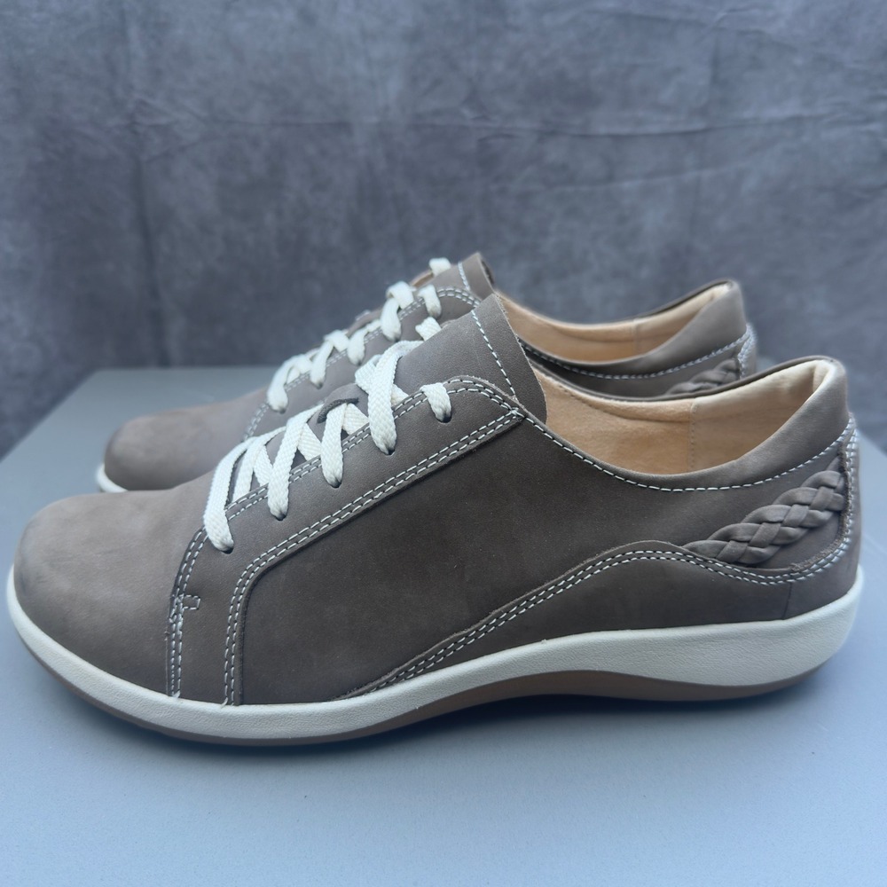 Aetrex Dana Leather Sneakers 10.5-11 Taupe Grey Braided Walking Shoes DM306WM